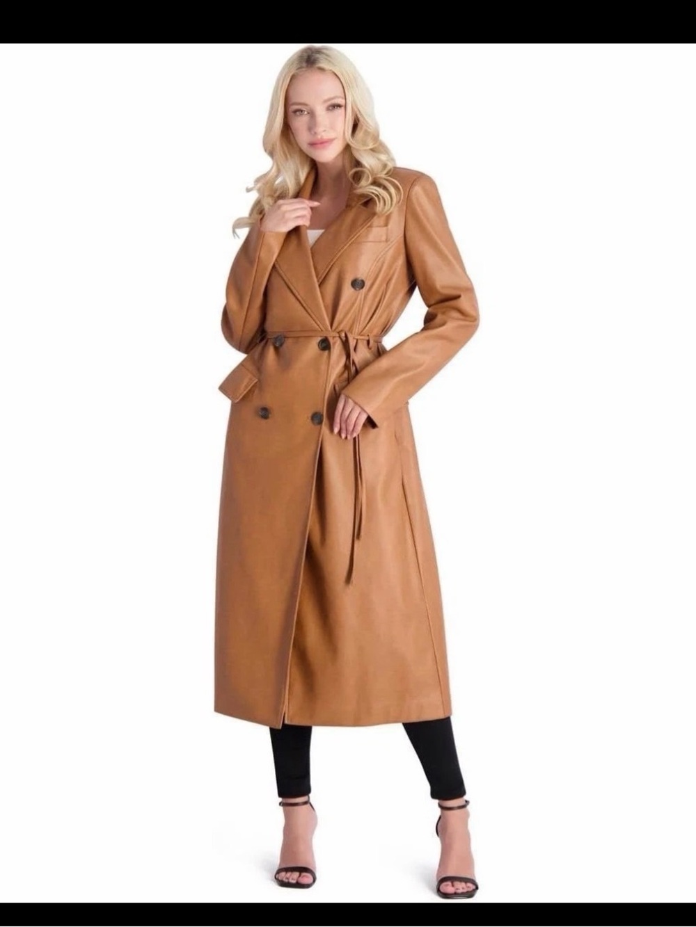 Avec Les Filles Tan Double-Breasted Leather long line Trench